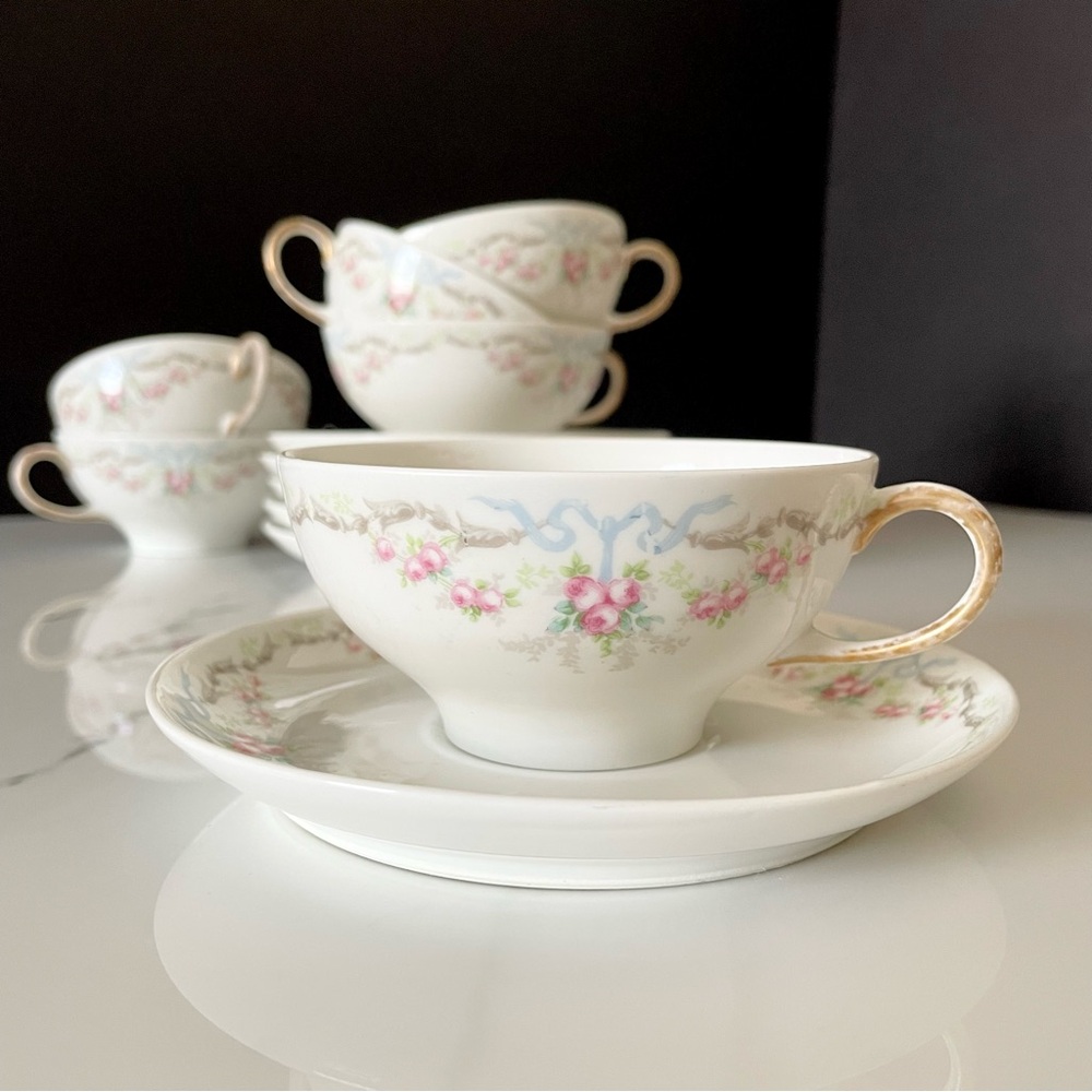 SET of 6 Cup & Saucers - Pink Roses & Ribbon Pattern - Guerin Limoges